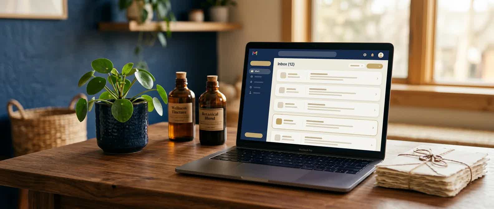 Laptop showing an email inbox on a clinic desk with envelopes, a plant, and herbal bottles