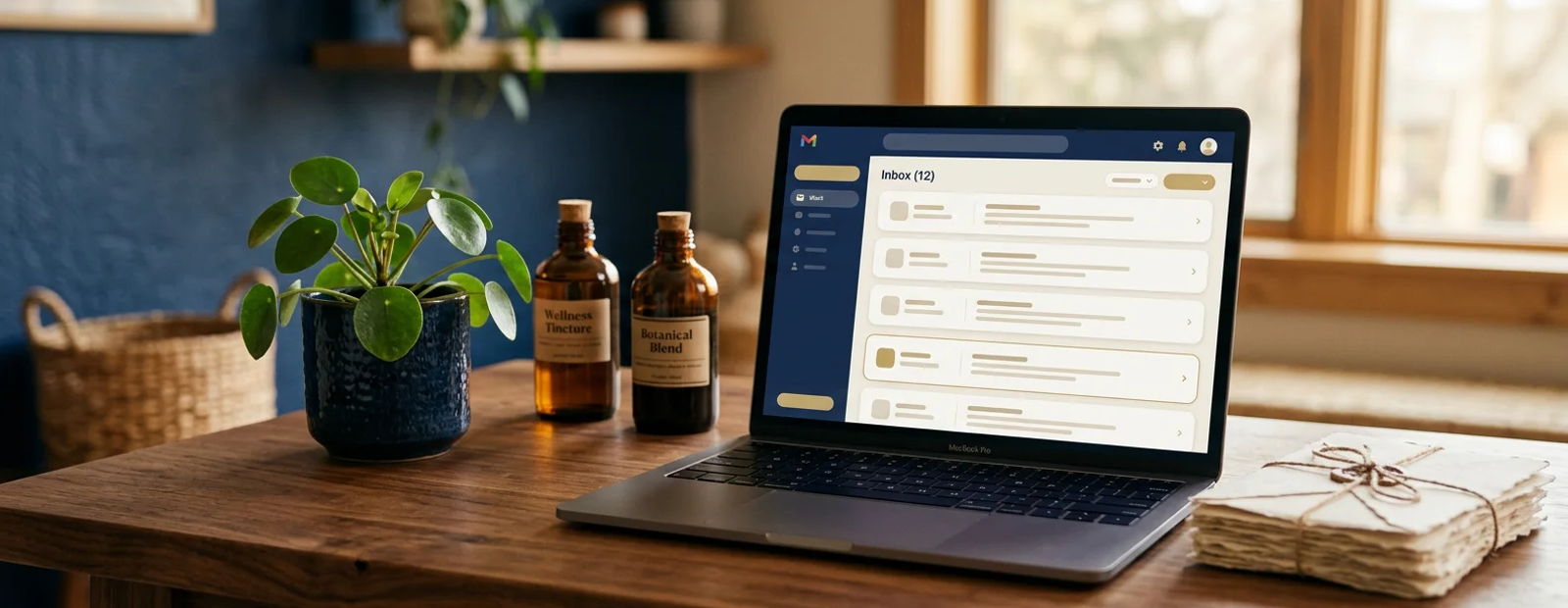 Laptop showing an email inbox on a clinic desk with envelopes, a plant, and herbal bottles