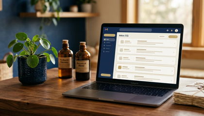 Laptop showing an email inbox on a clinic desk with envelopes, a plant, and herbal bottles