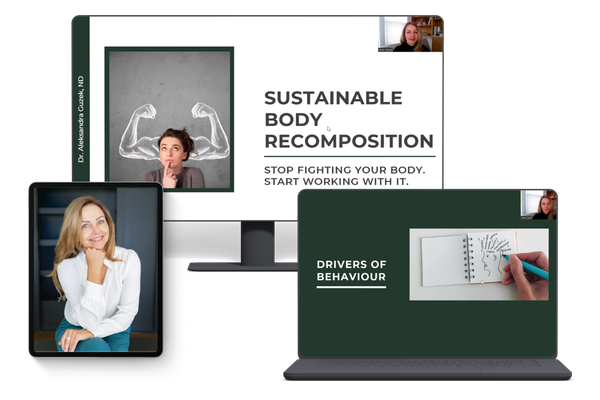 Laptop and panels show “SUSTAINABLE BODY RECOMPOSITION,” plus video thumbnails and “DRIVERS OF BEHAVIOUR” text.