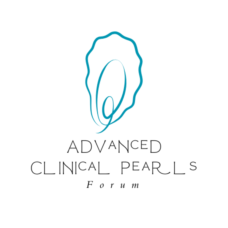 Logo for Advanced Clinical Pearls Forum featuring a blue abstract pearl inside a wavy oval.