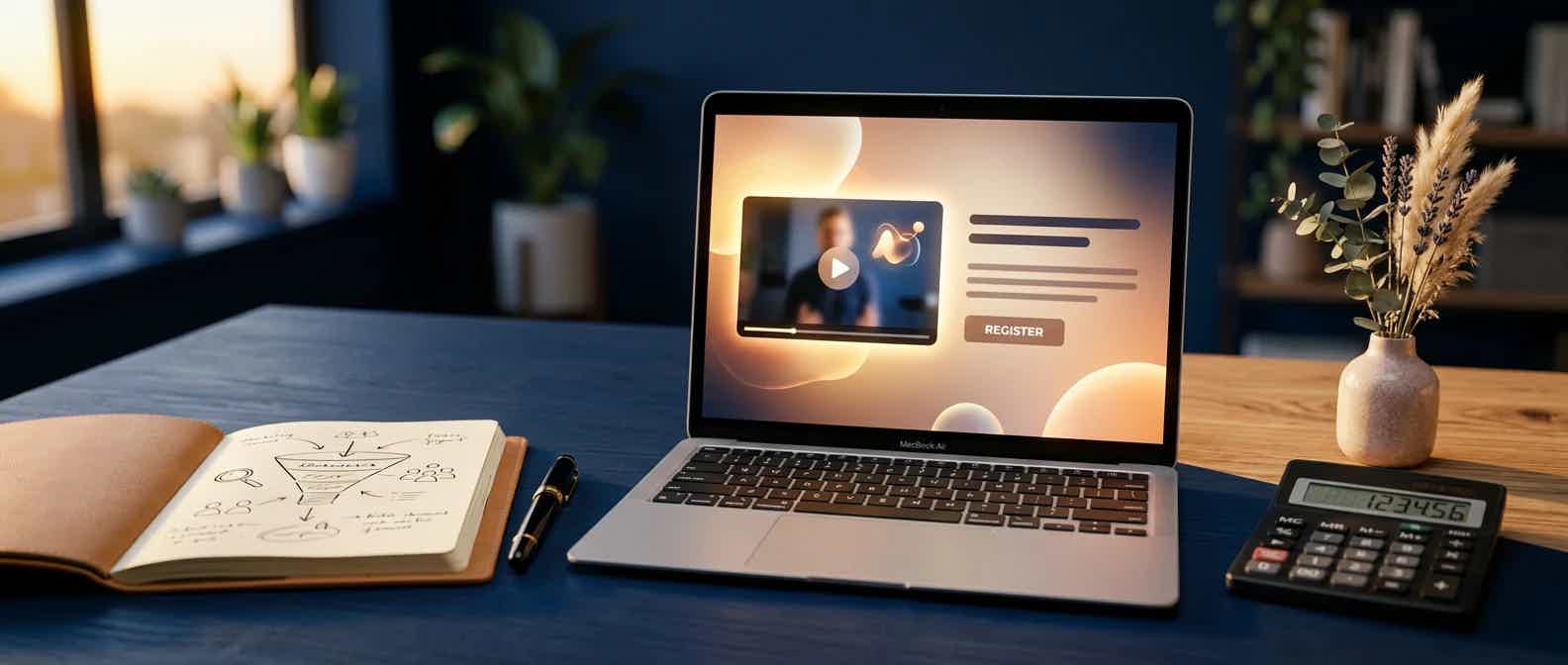 Premium online health program launch desk with webinar page on laptop, funnel sketch, and calculator