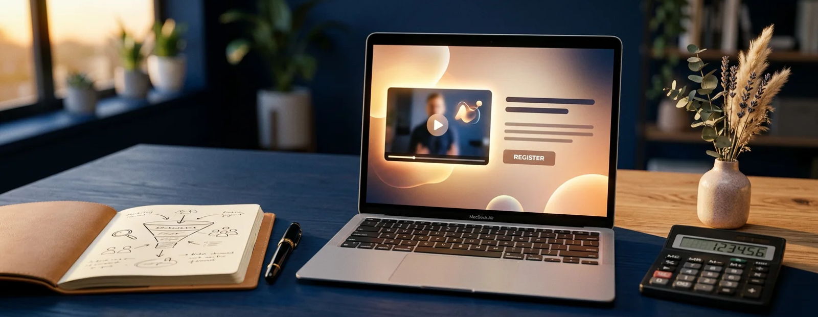 Premium online health program launch desk with webinar page on laptop, funnel sketch, and calculator