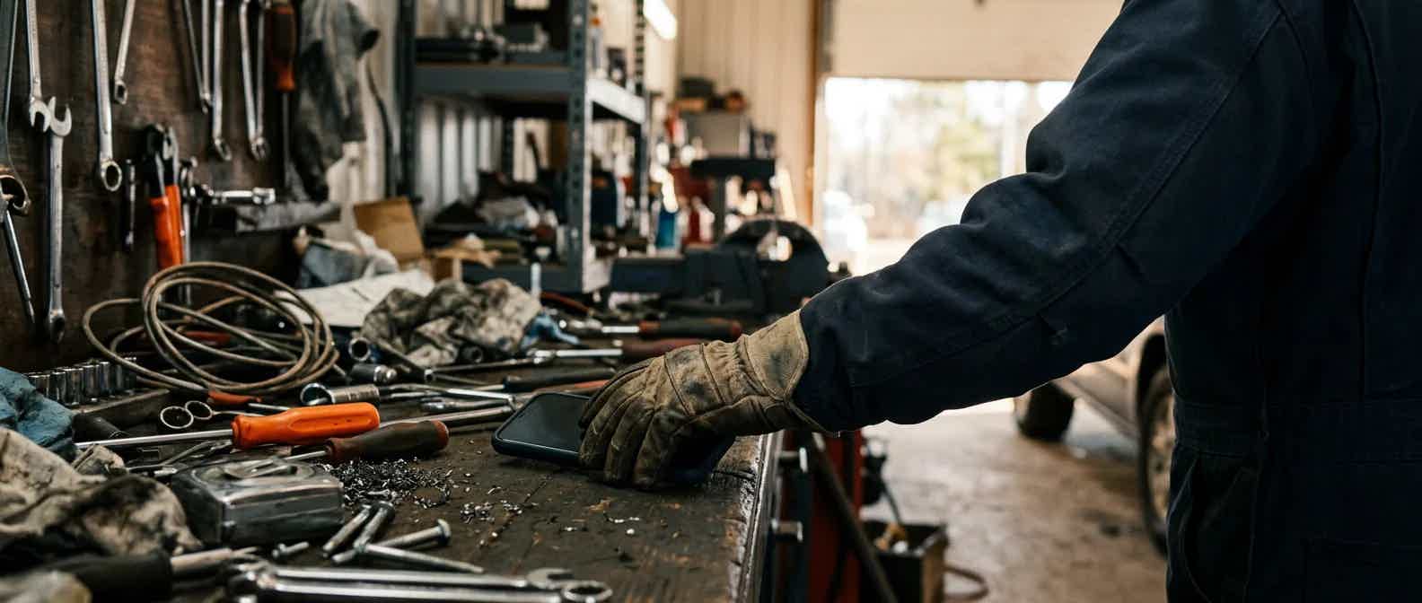 A gloved hand reaching for a ringing phone on a workbench, warm afternoon light through an open garage door.