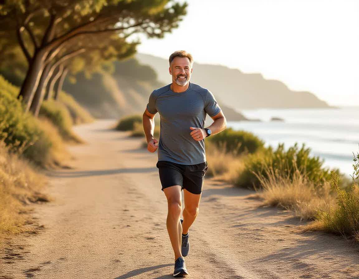 Fit middle-aged man jogging outdoors on a coastal path in Southern California