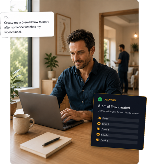 Man working on laptop at desk with dashboard showing a created 5-email sequence funnel; chat bubble reads “Create a 5-email f