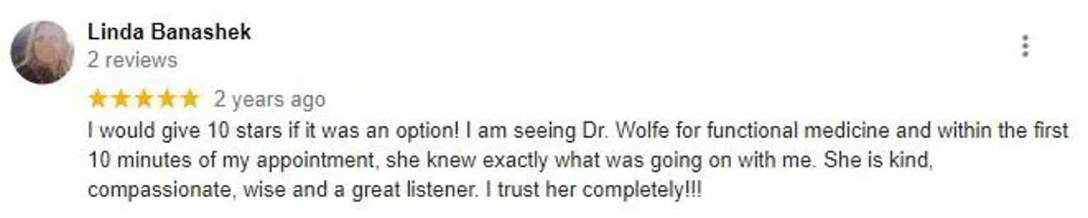 Screenshot showing “Linda Banaskek” profile, 2 reviews, 2 years ago, and a user text review about medicine.