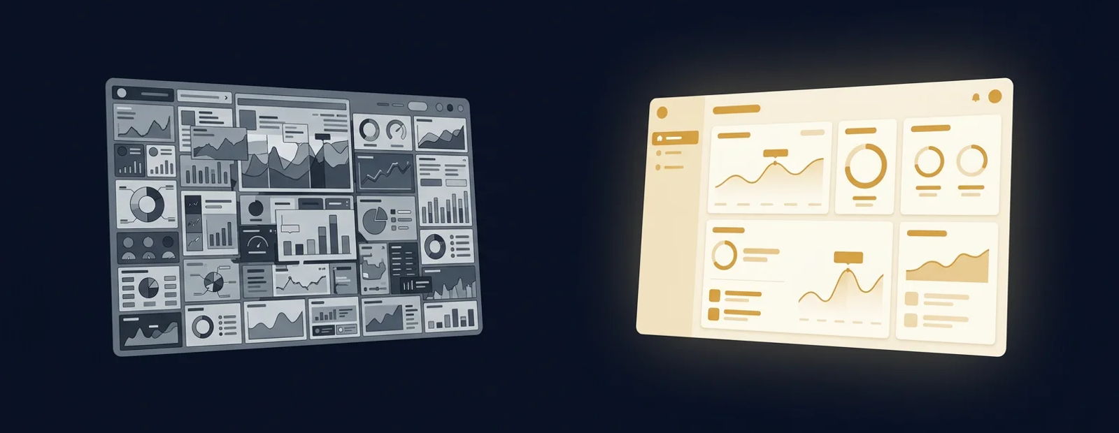 A cluttered dashboard beside a clean, calm branded workspace