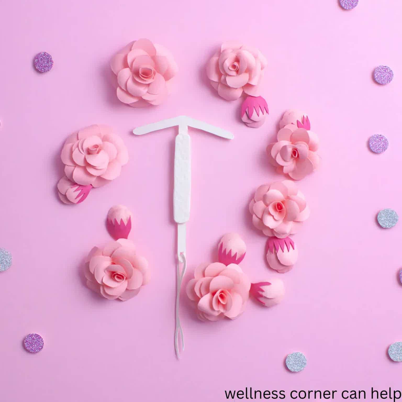Pads and flowers arranged as a menstrual health theme; white tampon center with pink flowers on pink background.