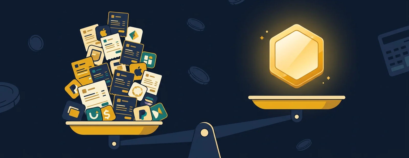 Balance scale weighing a stack of software subscription bills against one golden hexagon platform