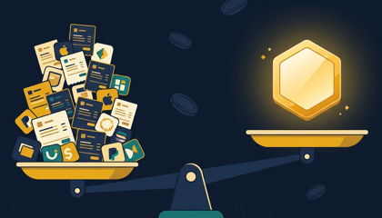 Balance scale weighing a stack of software subscription bills against one golden hexagon platform