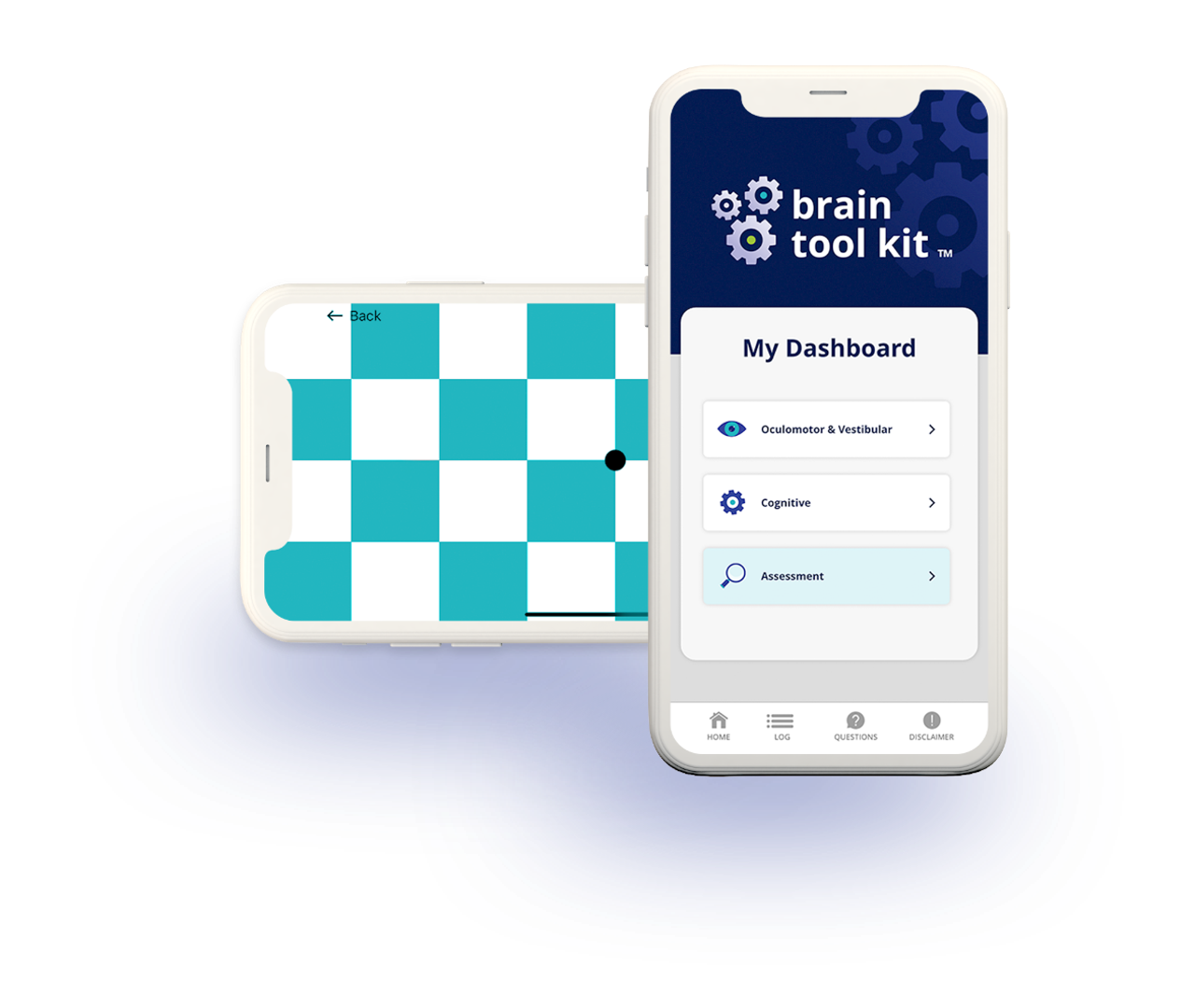 Two smartphones display: one shows a blue-and-white checkered board; the other shows a dashboard screen with app icons.