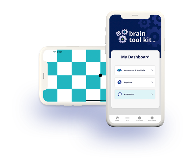 Two smartphones display: one shows a blue-and-white checkered board; the other shows a dashboard screen with app icons.