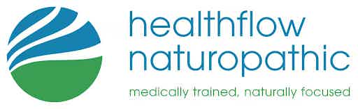 Healthflow naturopathic logo with blue and green leaf mark and “medically trained naturally focused” text