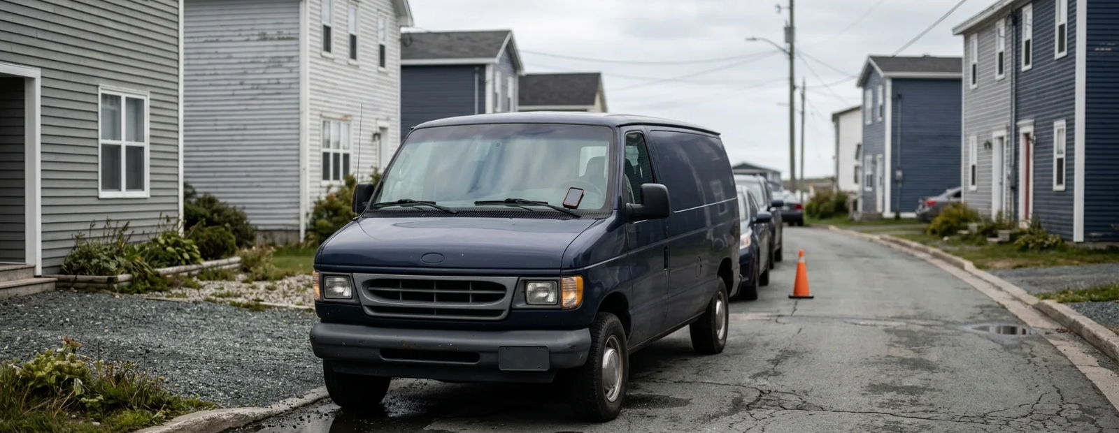 Work van parked on a street of Maritime clapboard houses under overcast coastal light, phone resting on the dash.