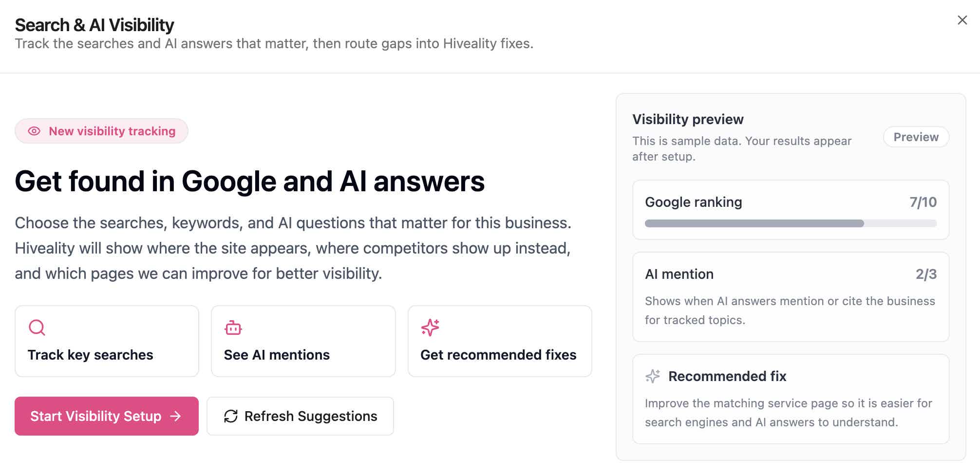 Hiveality's Search & AI Visibility panel: track key searches, see AI mentions, and get recommended fixes, with a visibility preview showing Google ranking and AI mention scores