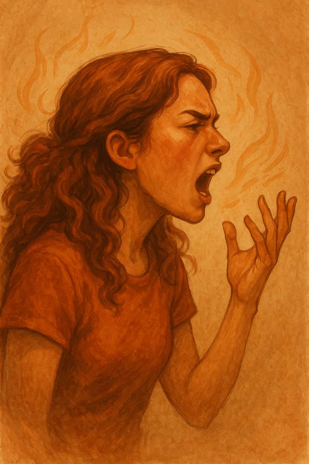 Side profile of a screaming woman with wavy hair, hands raised, glowing orange smoky background.