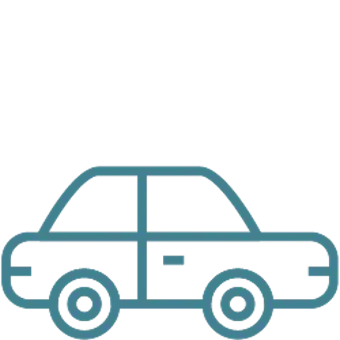 Simple teal car icon with wheels and grille on a black background