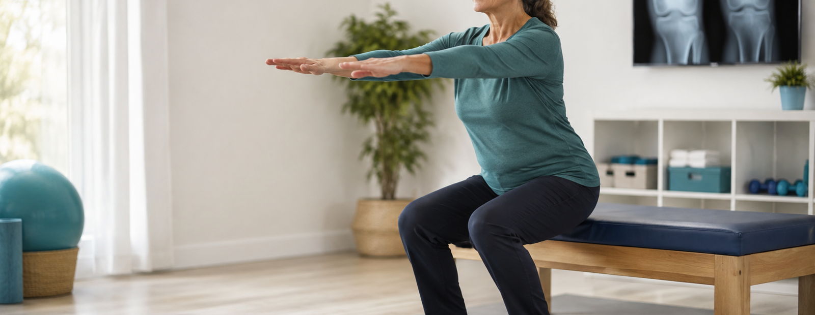 Senior woman stretching her arms forward while kneeling on a mat in a bright living room.