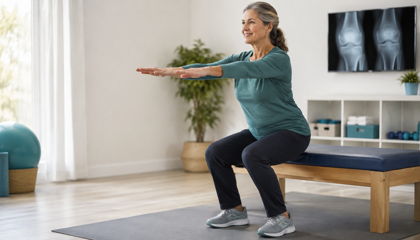 Senior woman stretching her arms forward while kneeling on a mat in a bright living room.