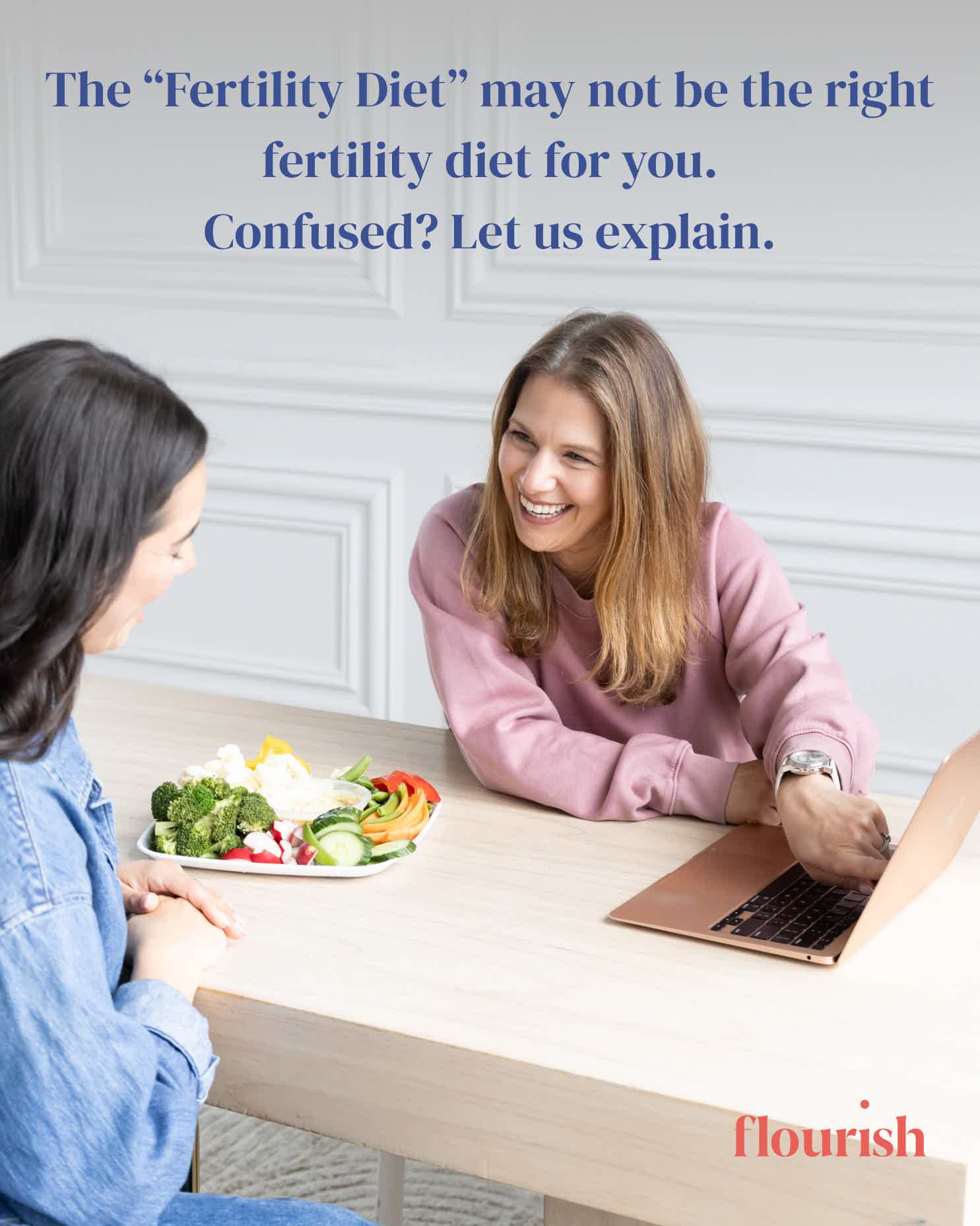 Smiling woman talks with another person across a table; healthy salad and laptop nearby; “Flourish” branding.