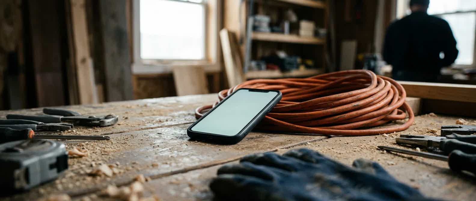 Phone face up on a dusty workbench with a blank glowing screen, orange extension cord coiled beside it