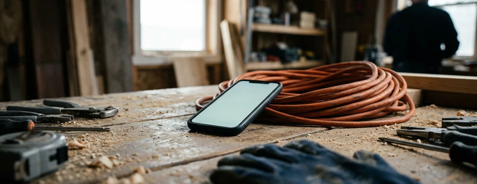 Phone face up on a dusty workbench with a blank glowing screen, orange extension cord coiled beside it