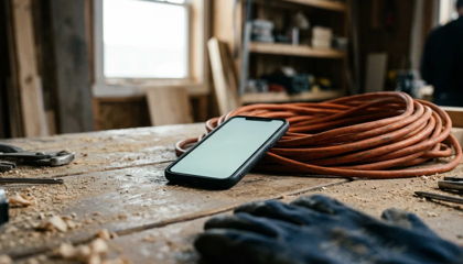 Phone face up on a dusty workbench with a blank glowing screen, orange extension cord coiled beside it