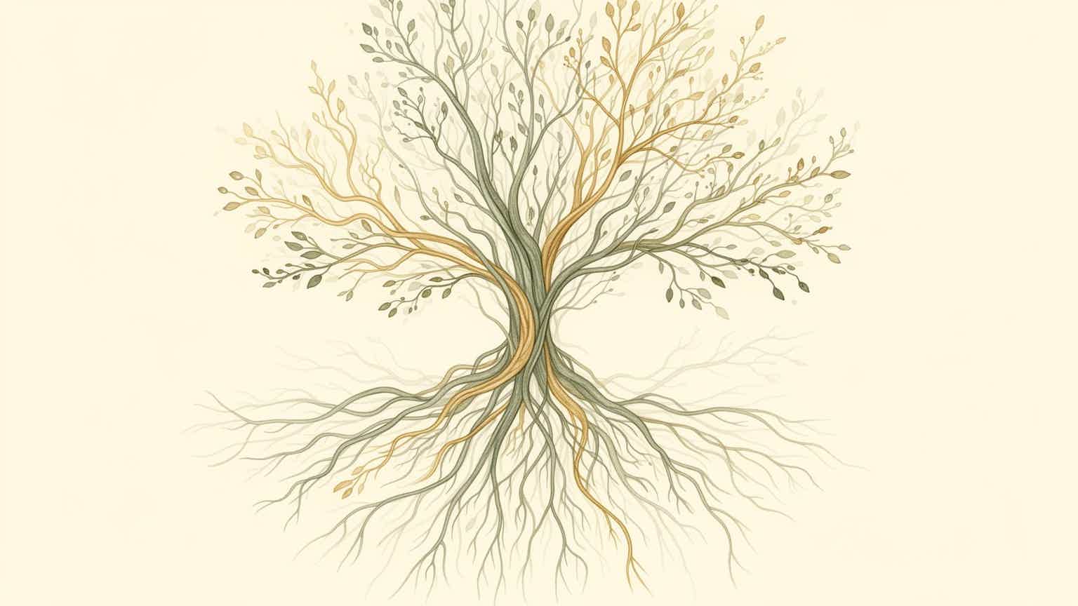 Botanical illustration of a tree with twisting roots and branches, green and gold leaves on a cream background.