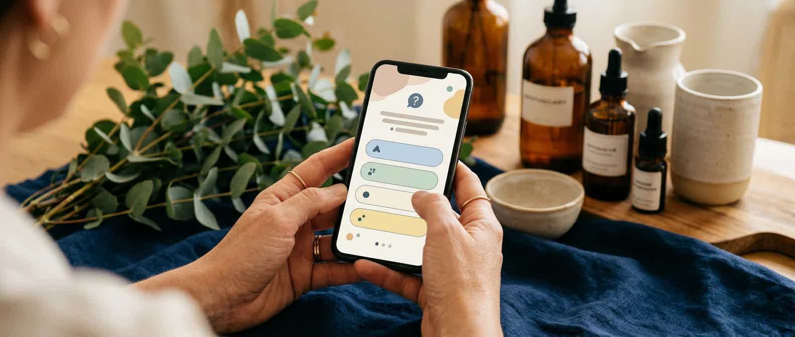 Hands holding a smartphone showing a health quiz interface in a warm wellness setting