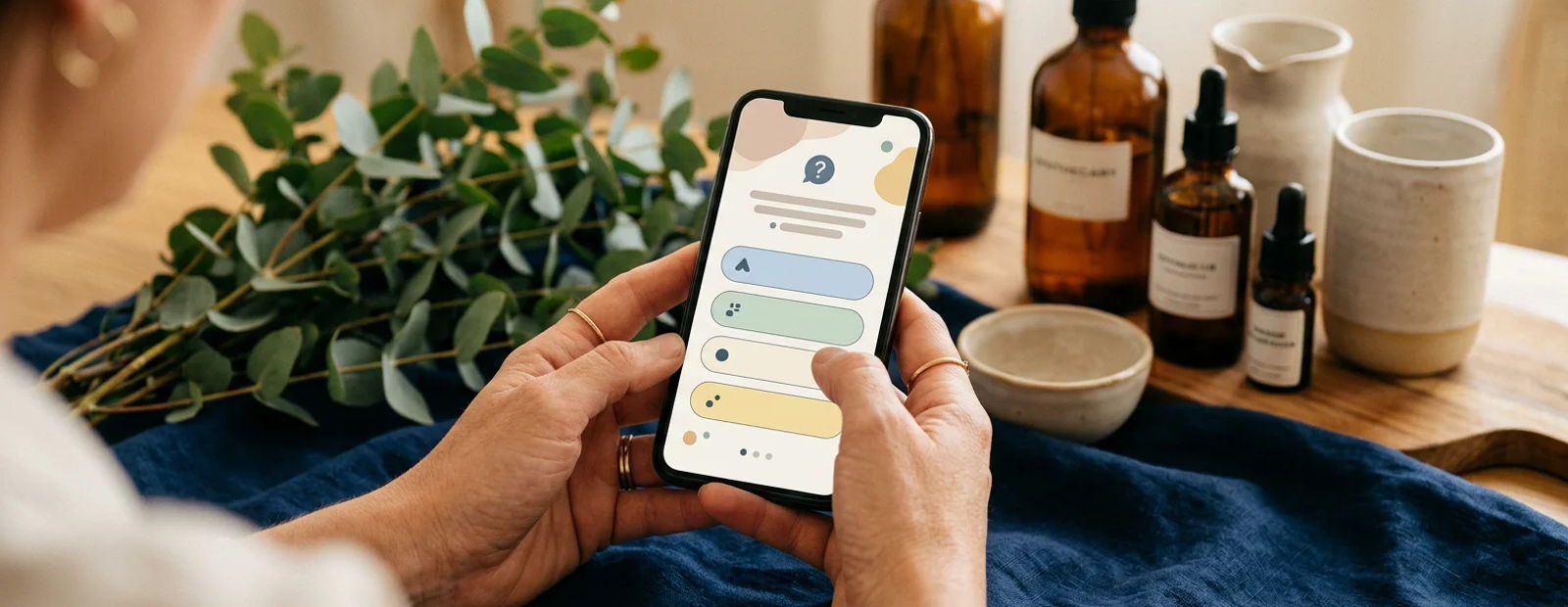 Hands holding a smartphone showing a health quiz interface in a warm wellness setting