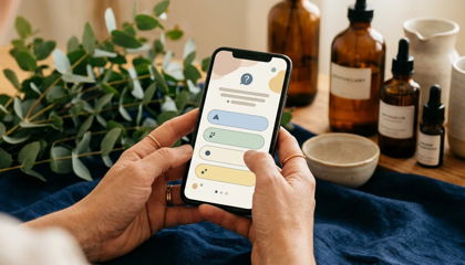 Hands holding a smartphone showing a health quiz interface in a warm wellness setting