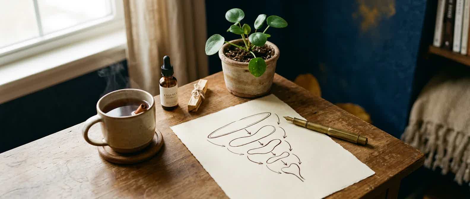 Practitioner's desk with a hand-drawn marketing funnel sketch, brass pen, and herbal tea on navy backdrop