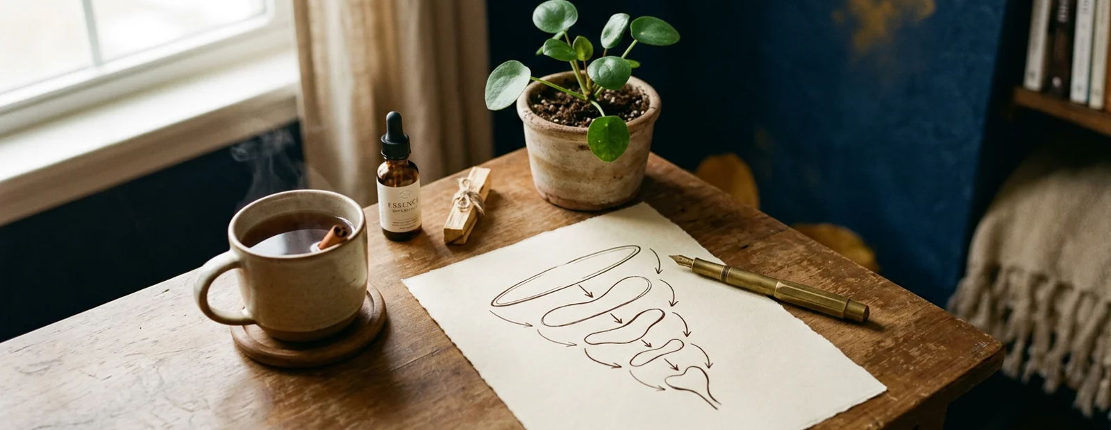 Practitioner's desk with a hand-drawn marketing funnel sketch, brass pen, and herbal tea on navy backdrop