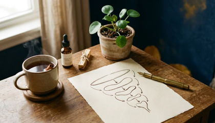 Practitioner's desk with a hand-drawn marketing funnel sketch, brass pen, and herbal tea on navy backdrop