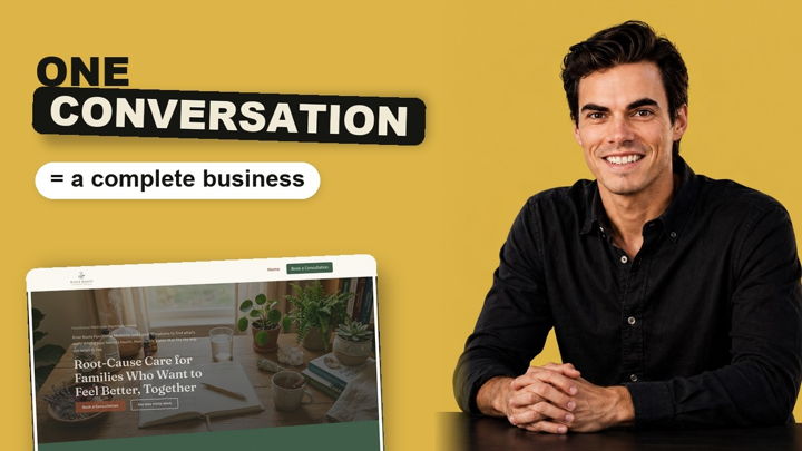 Braden Urquhart beside the River Roots Functional Medicine website with the headline One Conversation = a complete business