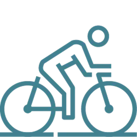 Blue bicycle icon with stylized guide pins on black background.