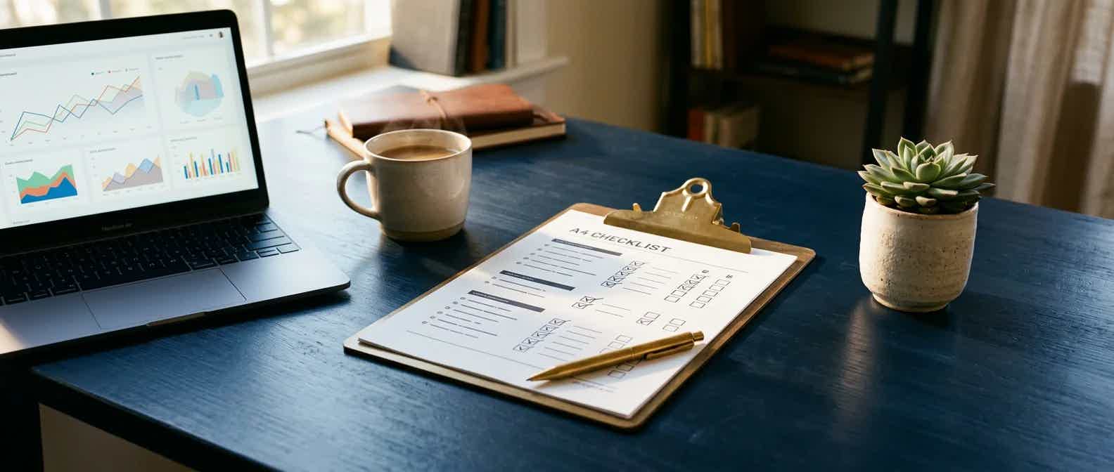 Workspace with a ticked checklist on a clipboard beside a laptop showing an ads dashboard