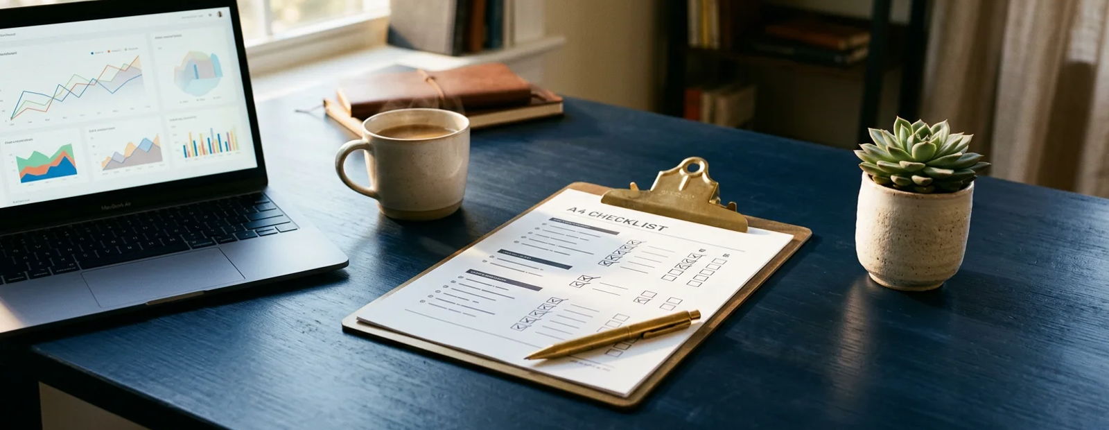 Workspace with a ticked checklist on a clipboard beside a laptop showing an ads dashboard