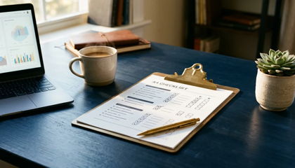 Workspace with a ticked checklist on a clipboard beside a laptop showing an ads dashboard