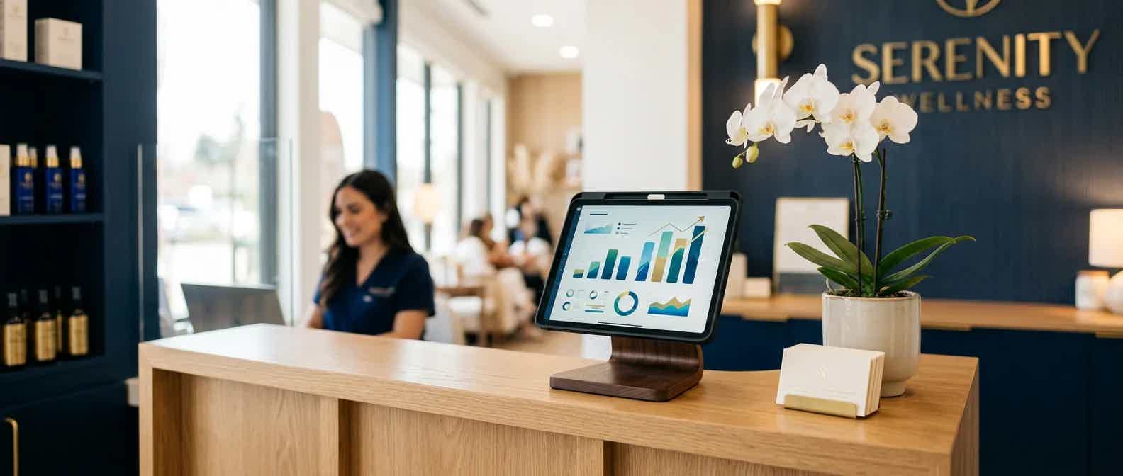 Modern wellness clinic reception desk with a tablet showing an analytics dashboard