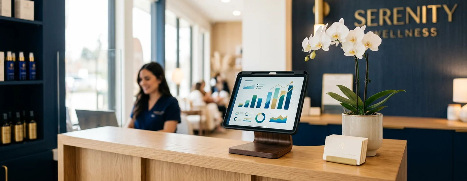 Modern wellness clinic reception desk with a tablet showing an analytics dashboard