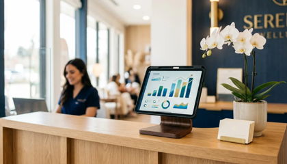 Modern wellness clinic reception desk with a tablet showing an analytics dashboard