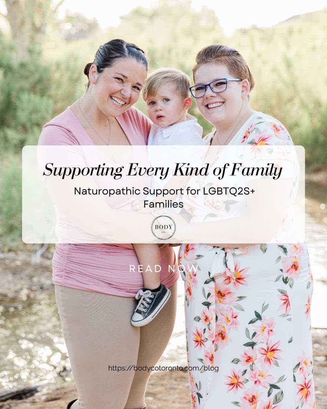 Smiling mother holding baby while another adult stands beside her; banner reads “Supporting Every Kind of Family.”