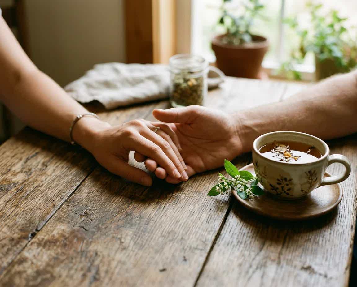 Two people holding hands across a wooden table with herbal tea and sprigs nearby, warm indoor light.
