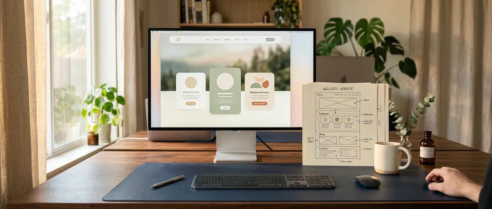 Designer's desk with a monitor showing a clean wellness website layout and wireframe sketches