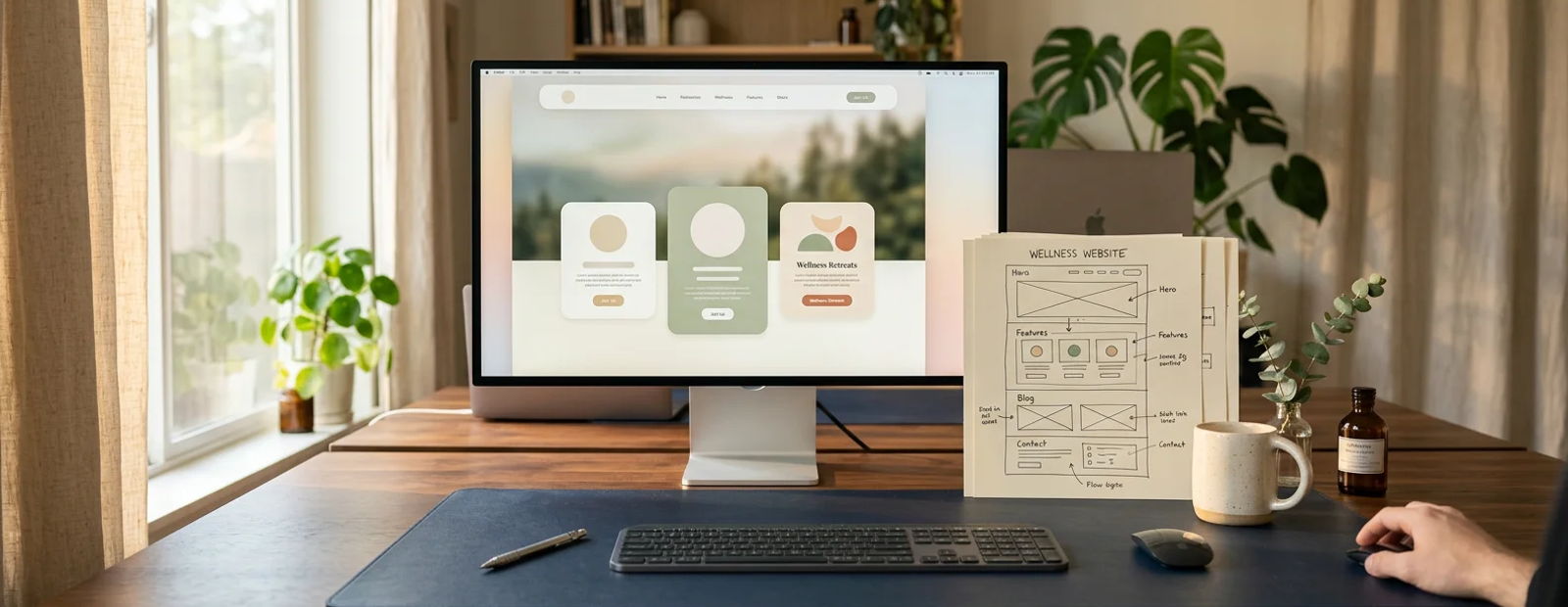 Designer's desk with a monitor showing a clean wellness website layout and wireframe sketches