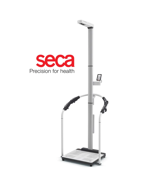 SECA® medical body composition analyzer at BioRevive in Calgary, showing a sleek digital display and integrated handles used for accurate, clinically validated measurement of body fat, muscle mass, and overall composition.