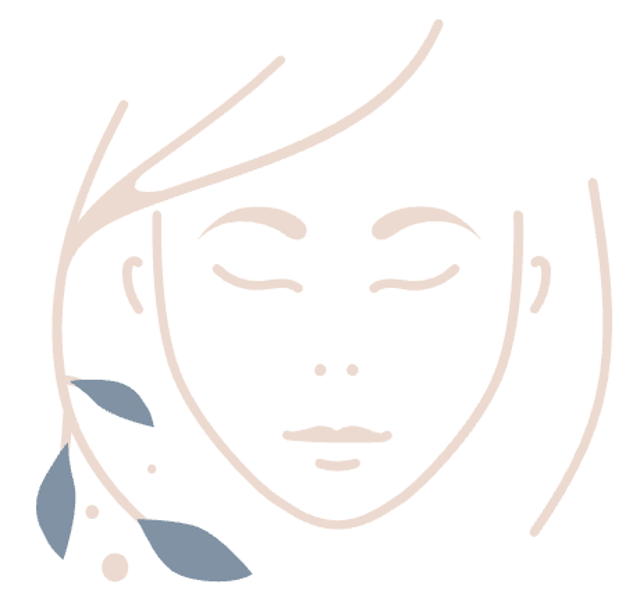 Soft minimalist portrait of a serene face with closed eyes and blue leaves along the left cheek.