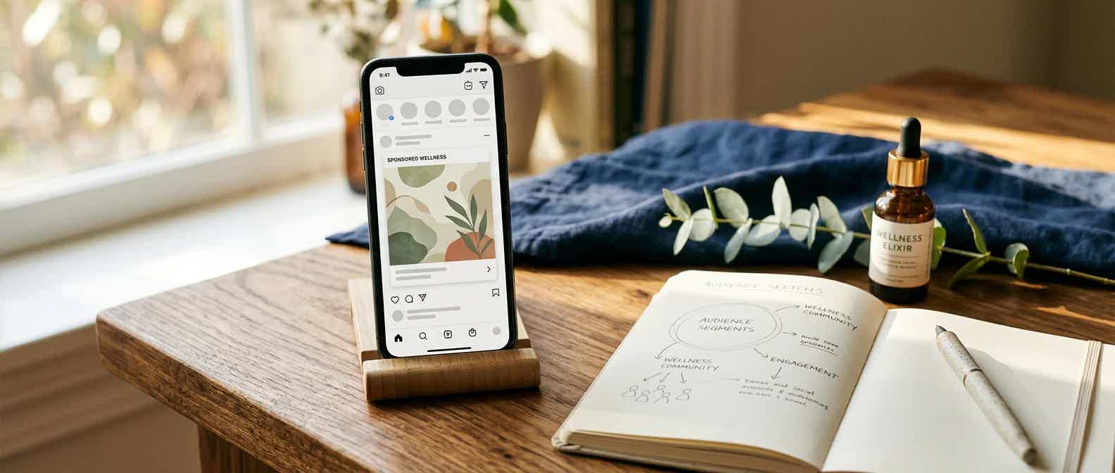 Phone on a desk showing a social feed with a sponsored wellness post beside an audience sketch notebook